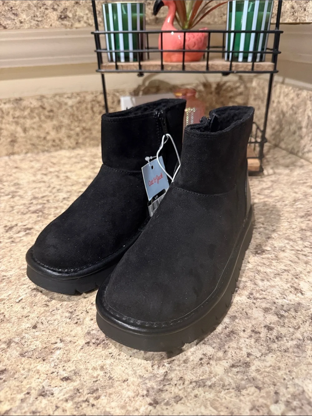 Cat & Jack Kids Faux Suede Black Ankle Boots with Side Zip Size 13 New